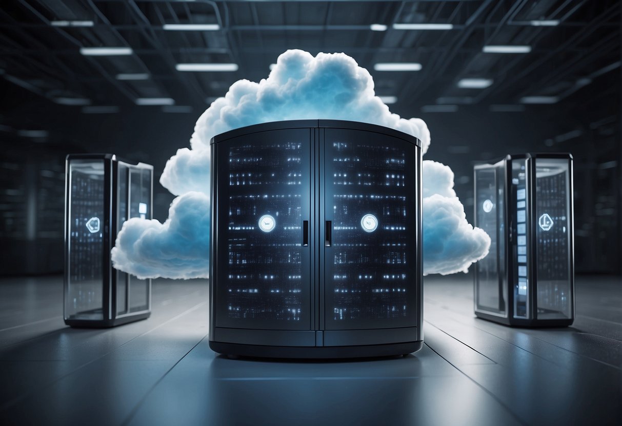 A secure cloud server surrounded by protective shields, with data being erased and secured against potential threats