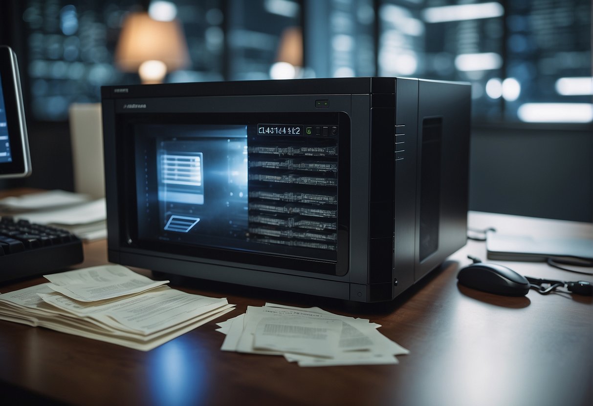 A cloud server being wiped clean, surrounded by security measures and legal documents