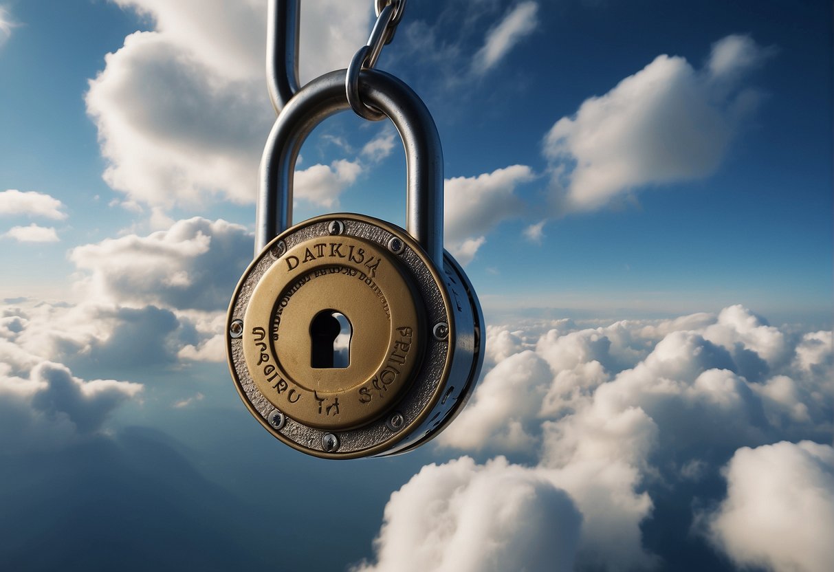 A padlock encasing a cloud with keywords "cloud data erasure, cloud security, data protection in cloud" written around it