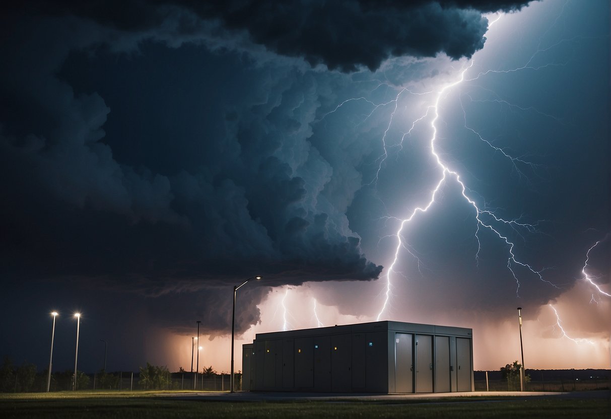 A storm cloud looms over a data center, lightning striking as a shield protects against erasure. Security measures are visible, guarding the vulnerable data within