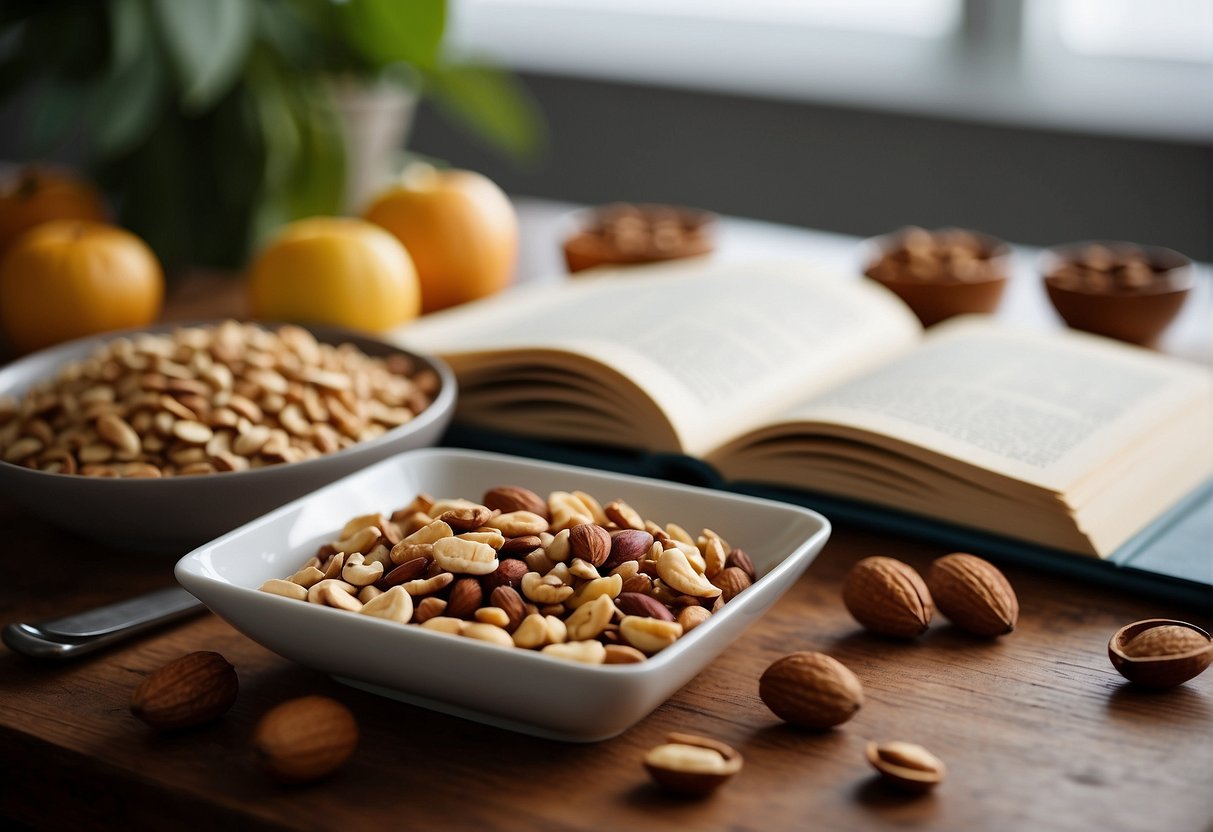 A table with various ingredients like nuts, seeds, and fruits, along with a recipe book titled "Alyssa's Healthy Vegan Bites" open to the "Frequently Asked Questions" section