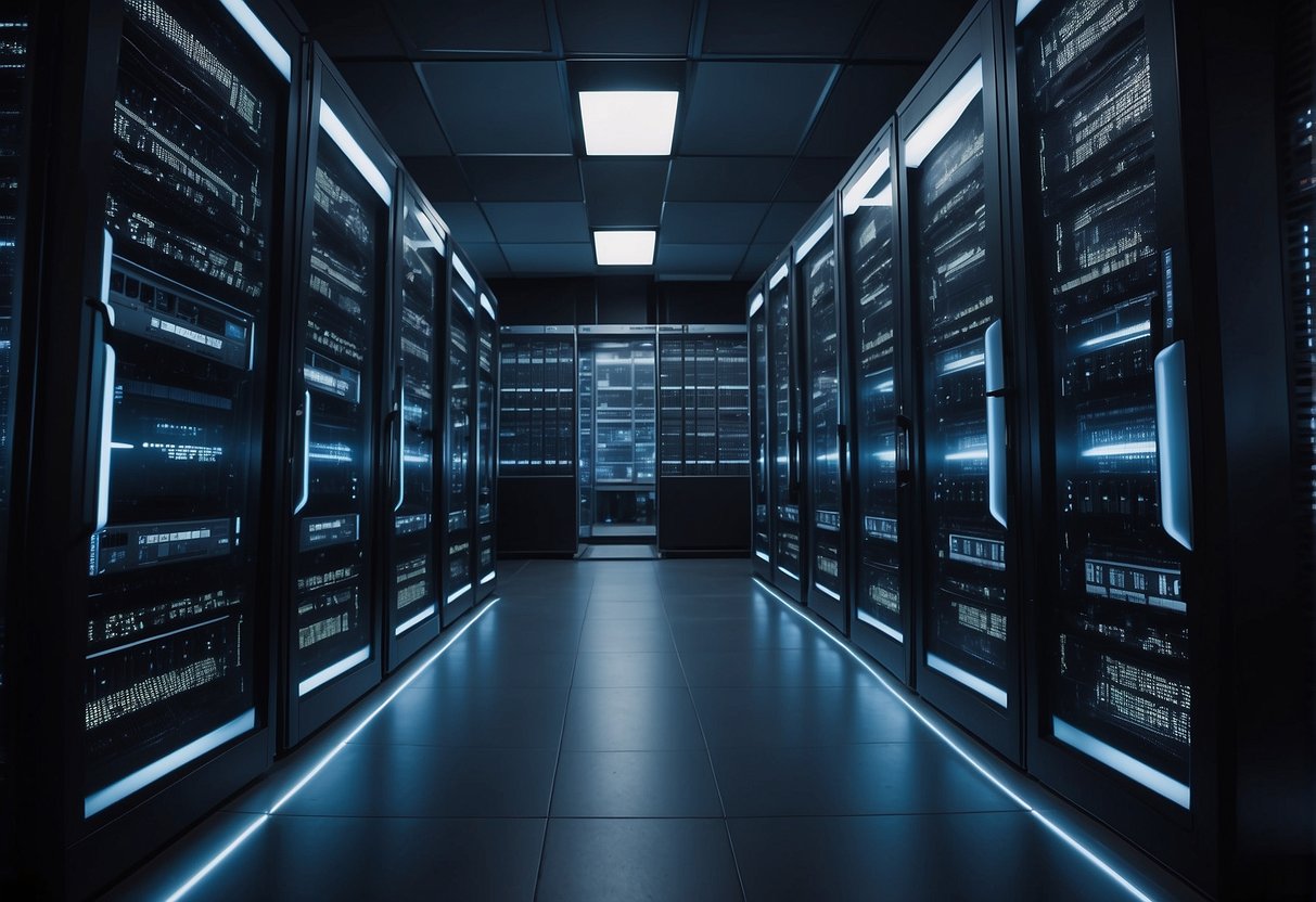 A server room with racks of cloud servers being wiped clean, surrounded by security measures and data protection protocols
