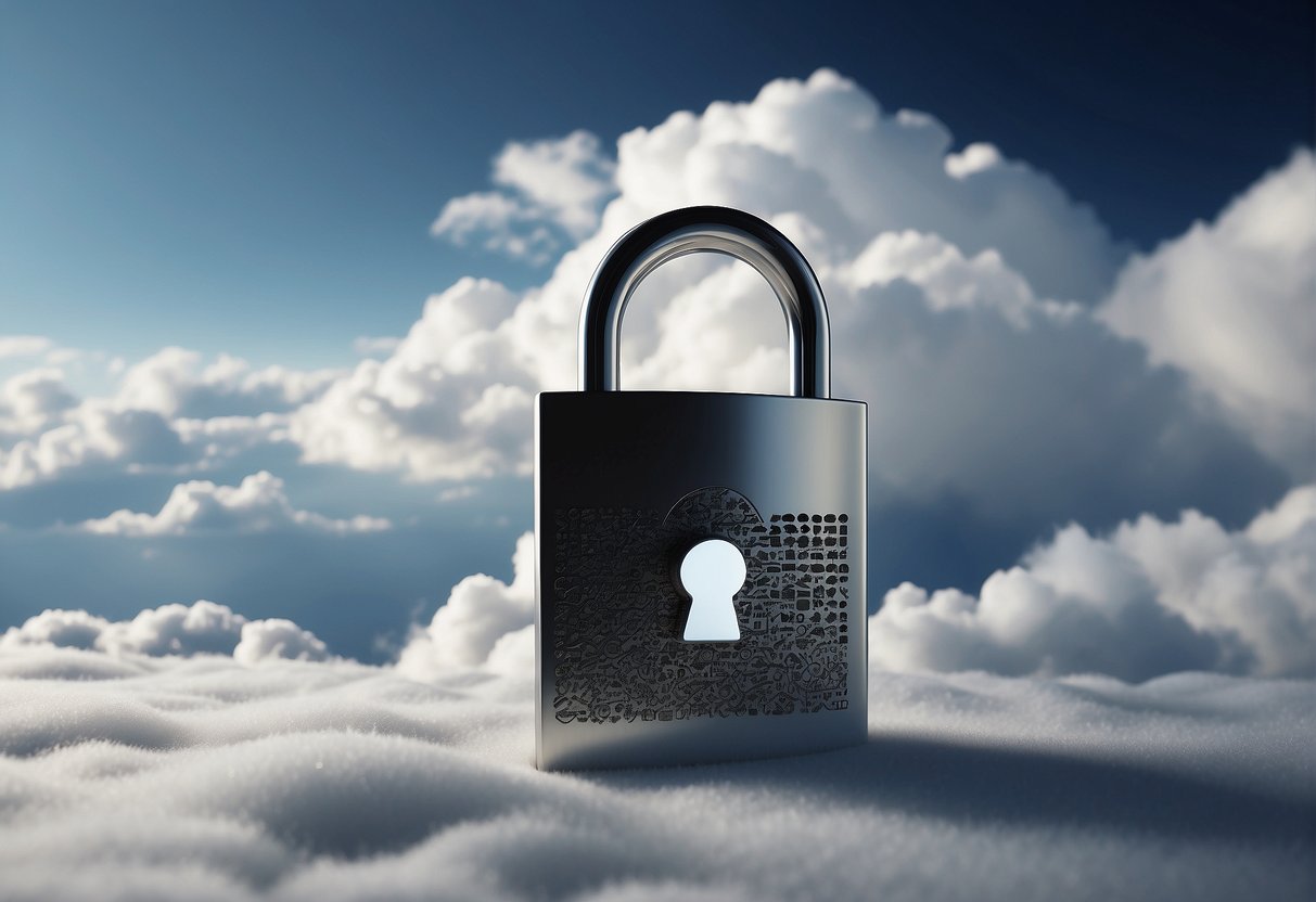 A cloud with a lock icon, a shredder, and a shield symbolizing data protection in the cloud