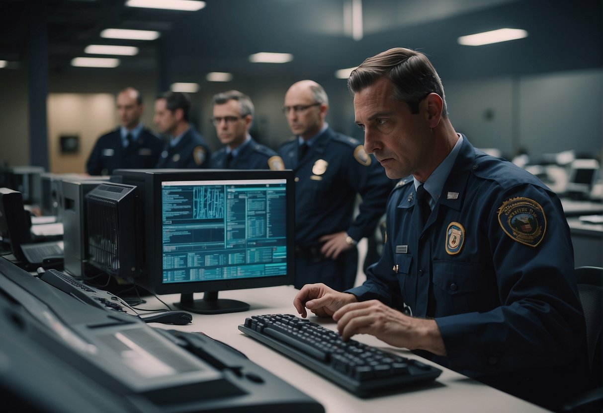 Government officials overseeing the destruction of sensitive data with shredders and degaussers in a secure facility. Security personnel monitoring the process