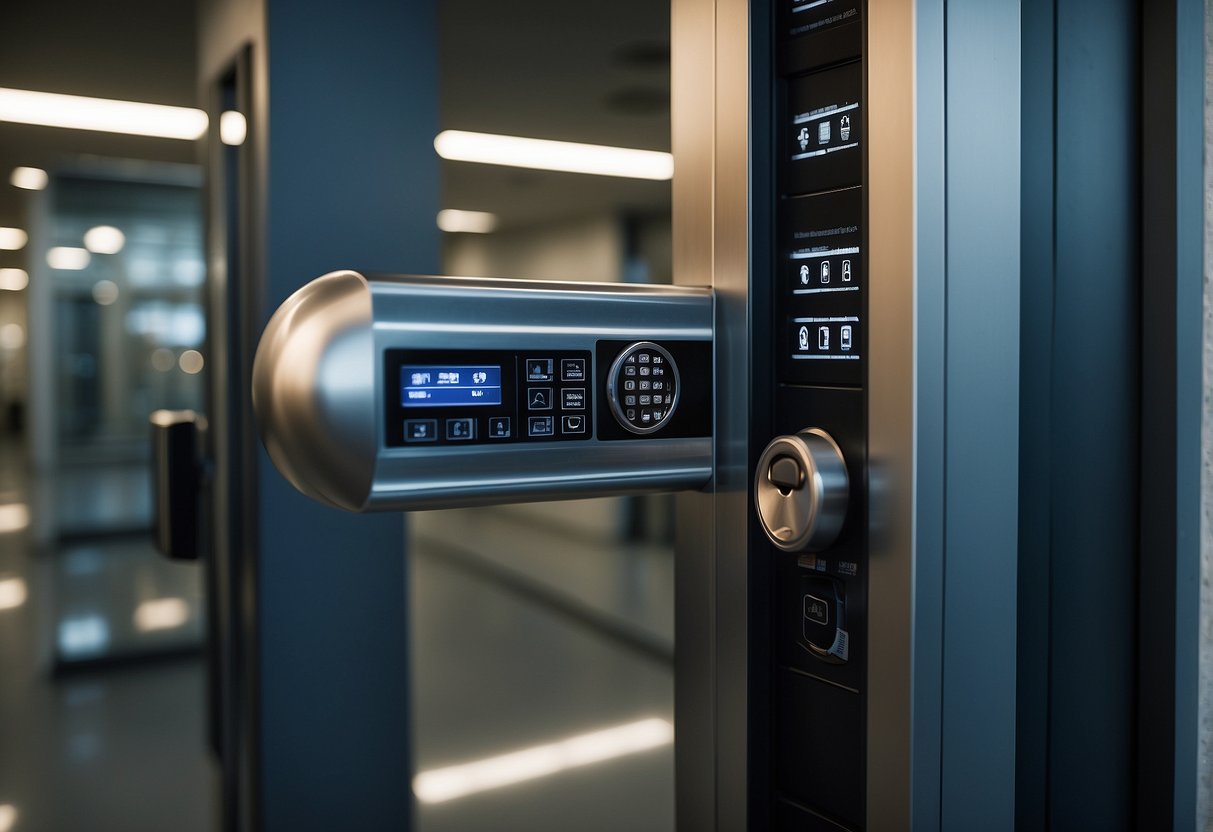 A secure vault door with a digital keypad and biometric scanner, guarded by armed personnel