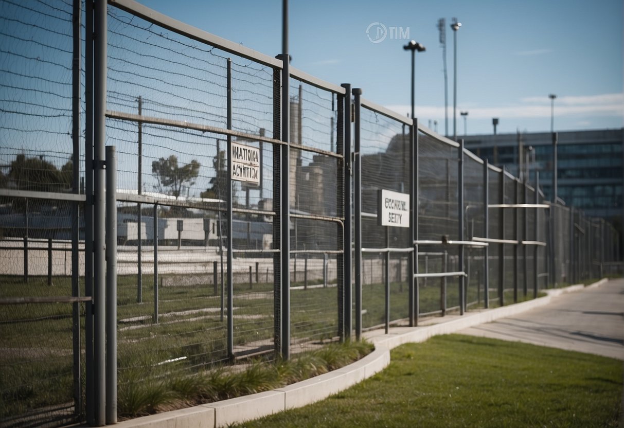 A government building with a secure data erasure facility, surrounded by high fences and surveillance cameras, with signs indicating strict regulations and national security measures