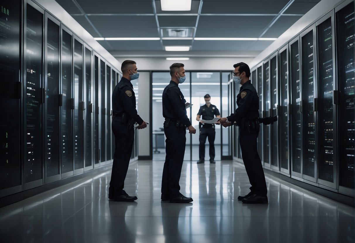 A government building with secure servers being wiped clean by a technician. Security personnel monitor the process, ensuring data erasure for national security