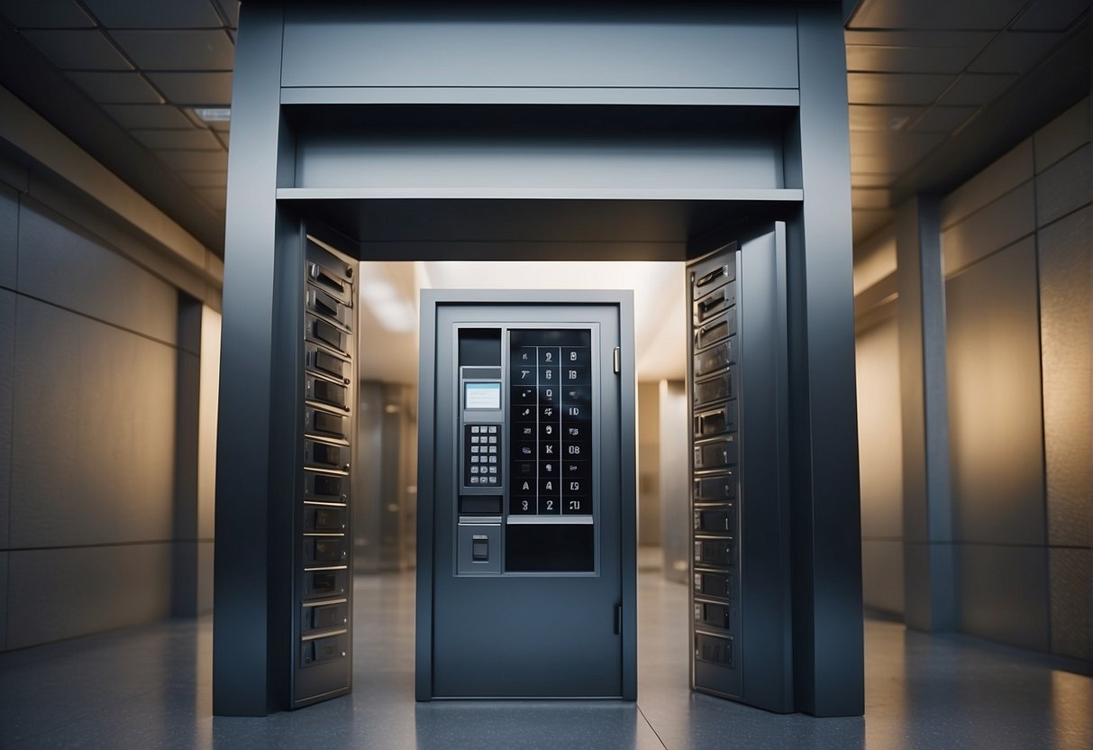 A secure vault door with a digital keypad, surrounded by armed guards and surveillance cameras, symbolizing the protection of sensitive government data