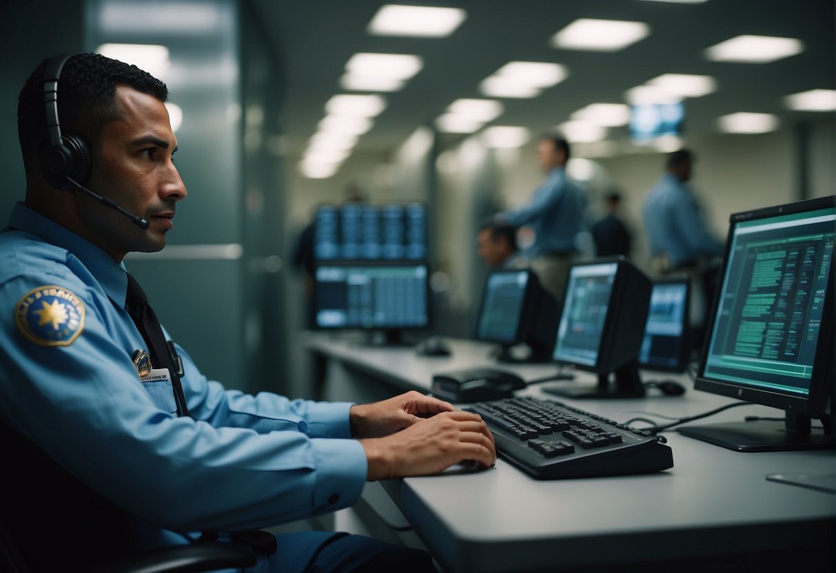 A secure facility with government insignia, guarded by uniformed personnel, and advanced data erasure equipment in operation