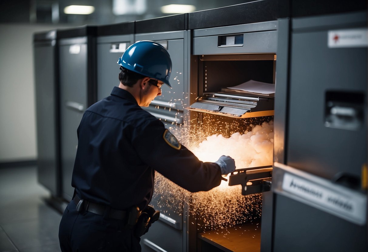 Government agencies shredding and incinerating sensitive documents. Locked filing cabinets and secure data servers. Guards monitoring the premises