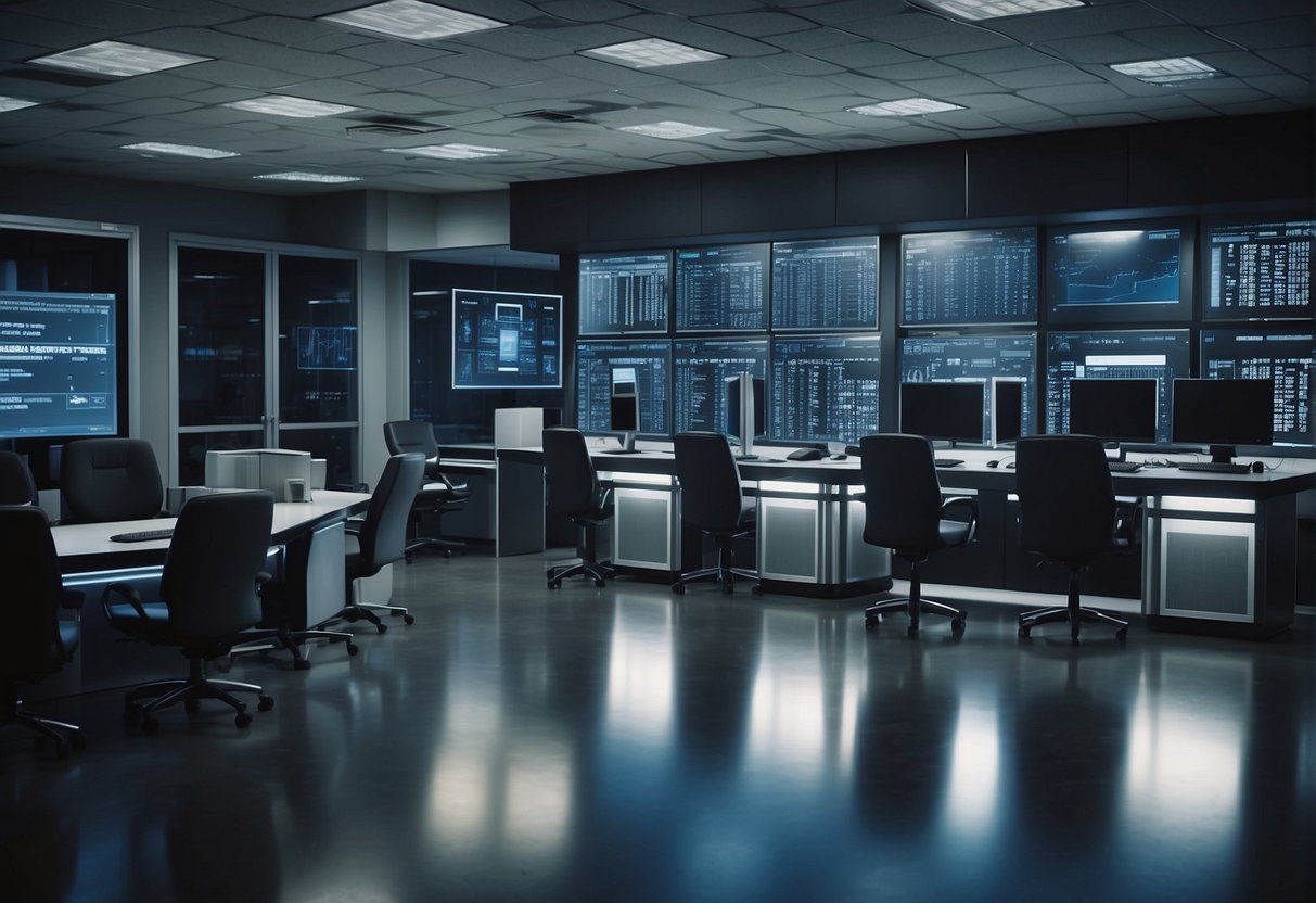 A secure facility with advanced data erasure technology, guarded by government agents, protecting sensitive information for national security