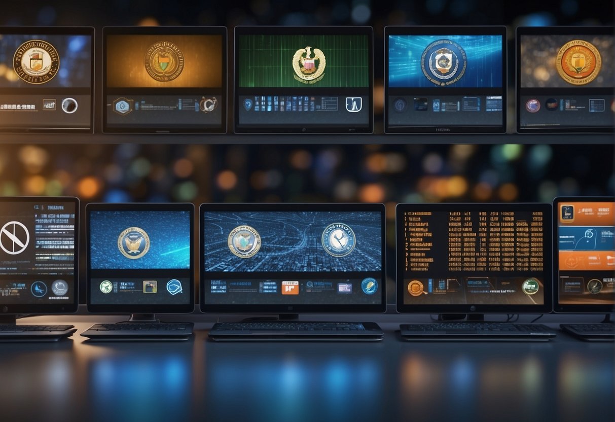 Government agency logos on computer screens, with data erasure progress bars, secure lock icons, and national security symbols