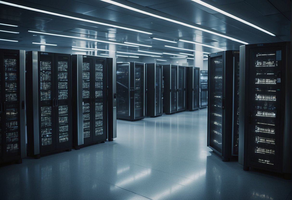 A government facility, with high-tech servers and security measures, erasing sensitive data to ensure national security