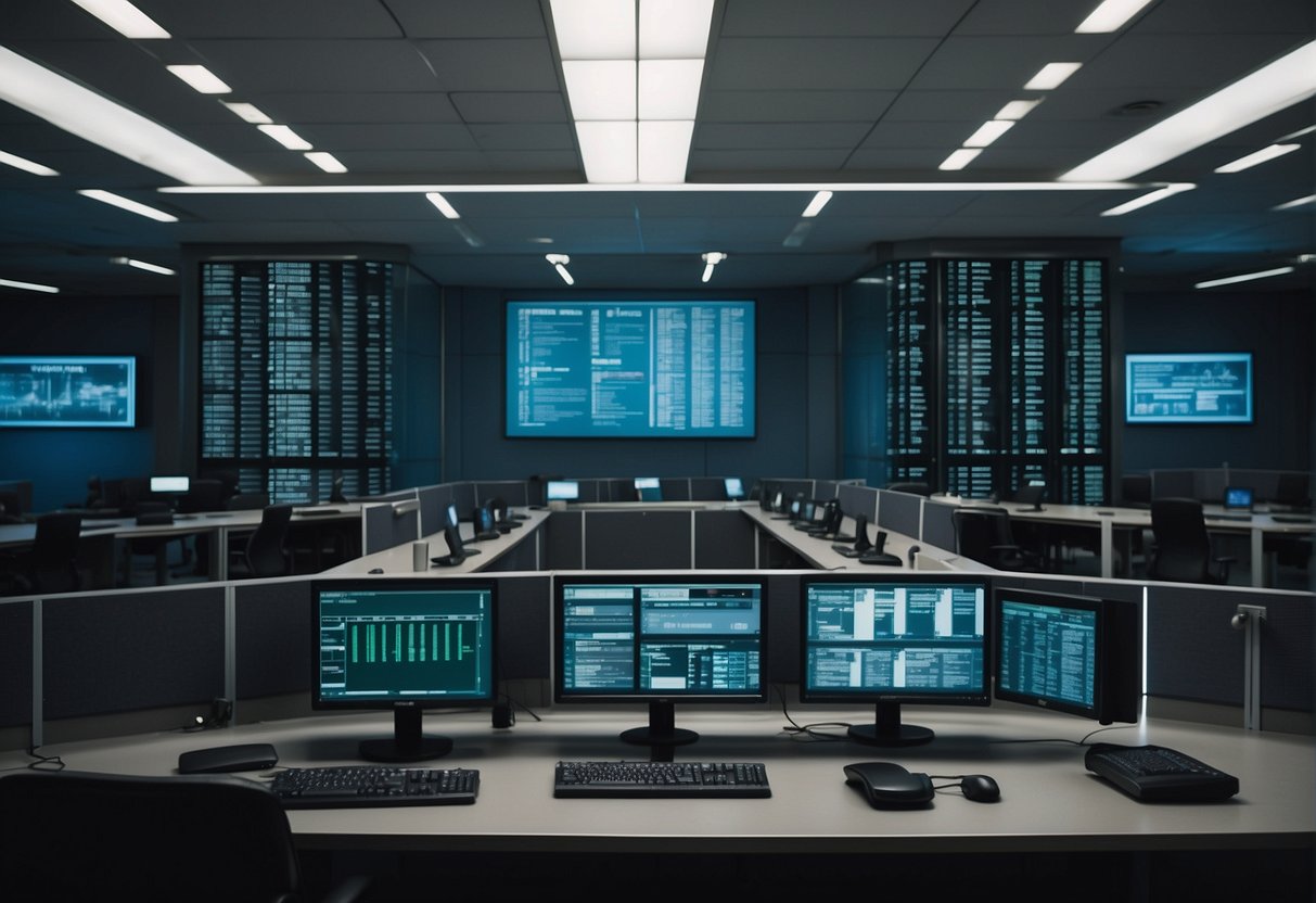 A government building with high-tech security measures, data servers, and surveillance cameras ensuring national data security