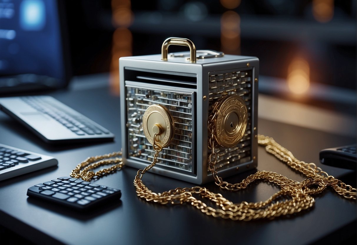 Government data security is illustrated with a locked vault surrounded by security measures, including firewalls and encryption. Data erasure is depicted with a shredder destroying digital files. National security is shown with a shield protecting sensitive information