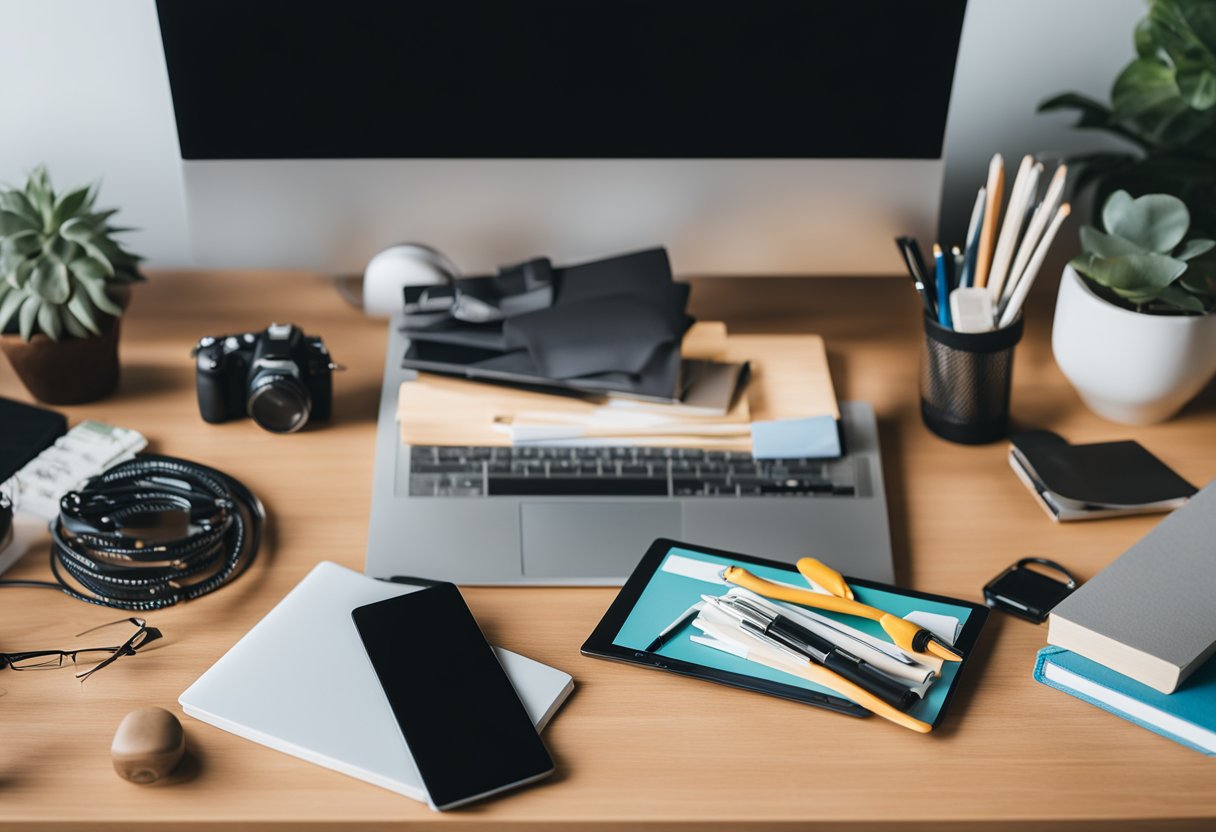 A desk with a laptop and various art supplies. A blog post titled "10 Essential Tips for Creating Stunning Visuals" displayed on the screen. Bright, natural lighting illuminates the scene