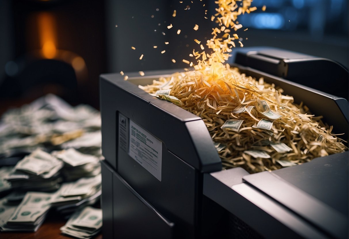 A secure shredder destroys stacks of sensitive financial documents, ensuring data erasure in the financial sector