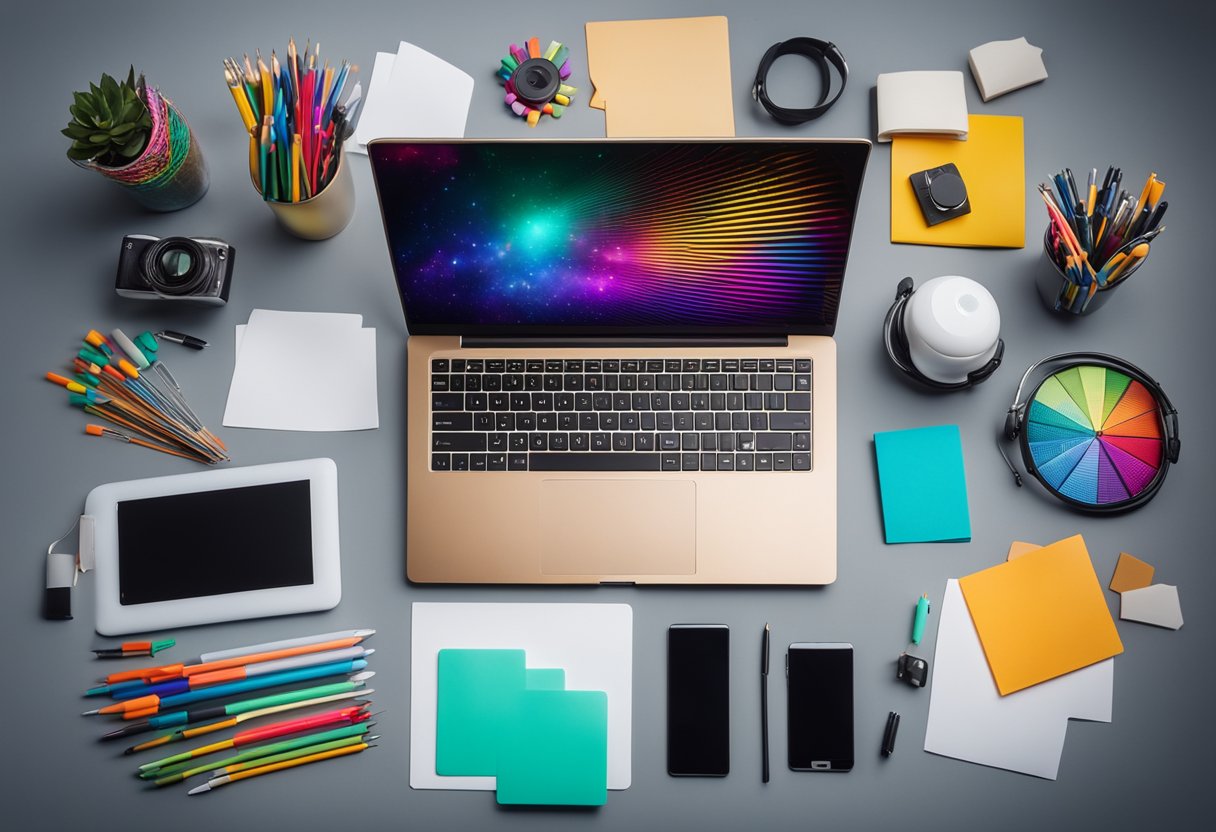 A laptop surrounded by colorful design tools and elements, with a blank canvas ready for creation