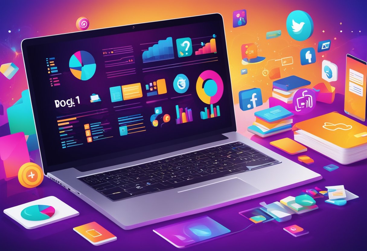 A laptop surrounded by colorful graphics, icons, and typography, with a vibrant background to create a visually appealing blog post illustration