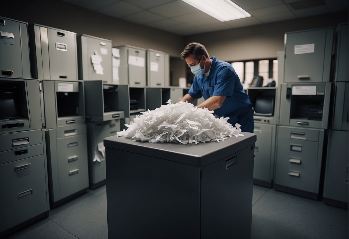 A secure room with locked cabinets and computers being wiped clean. A shredder destroying paper documents. A technician overseeing the data erasure process