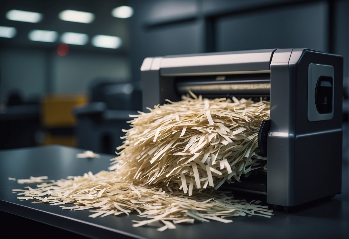 A stack of financial documents being securely shredded by a powerful industrial machine, with a backdrop of legal and regulatory documents