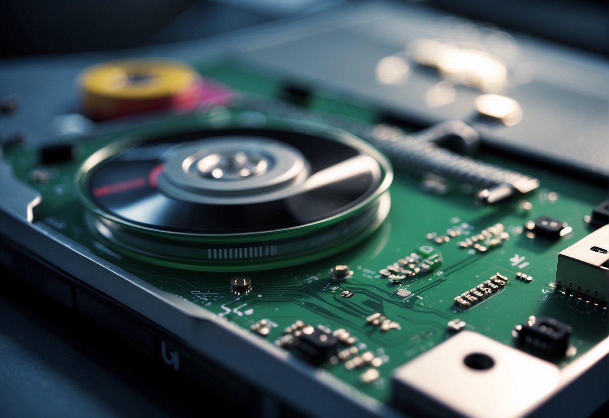 Sensitive financial data being permanently erased from a hard drive using specialized software, with a secure erase confirmation message displayed on the computer screen