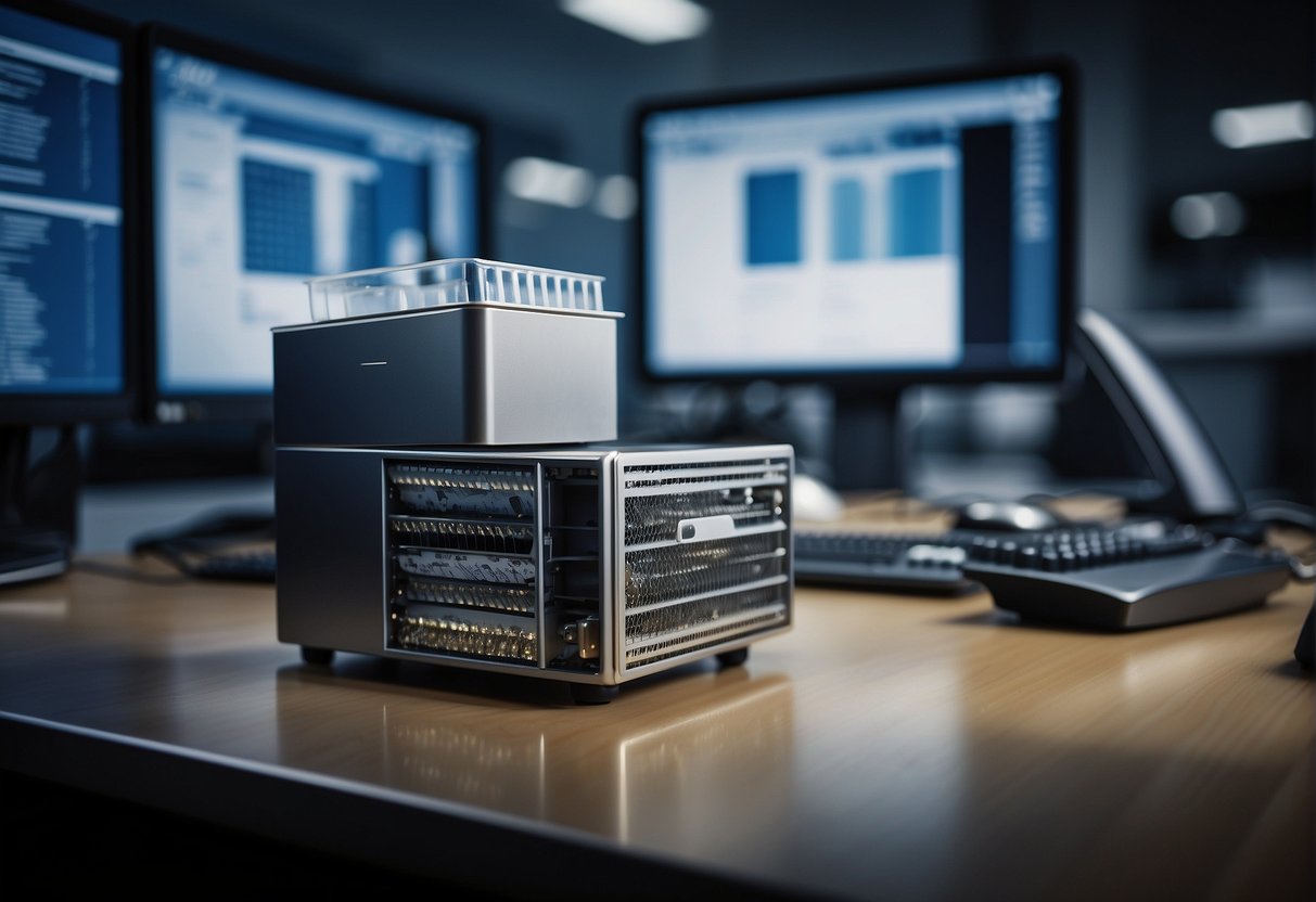 A secure data erasure process in a financial office, with a shredder, computer equipment, and a locked storage area for physical documents