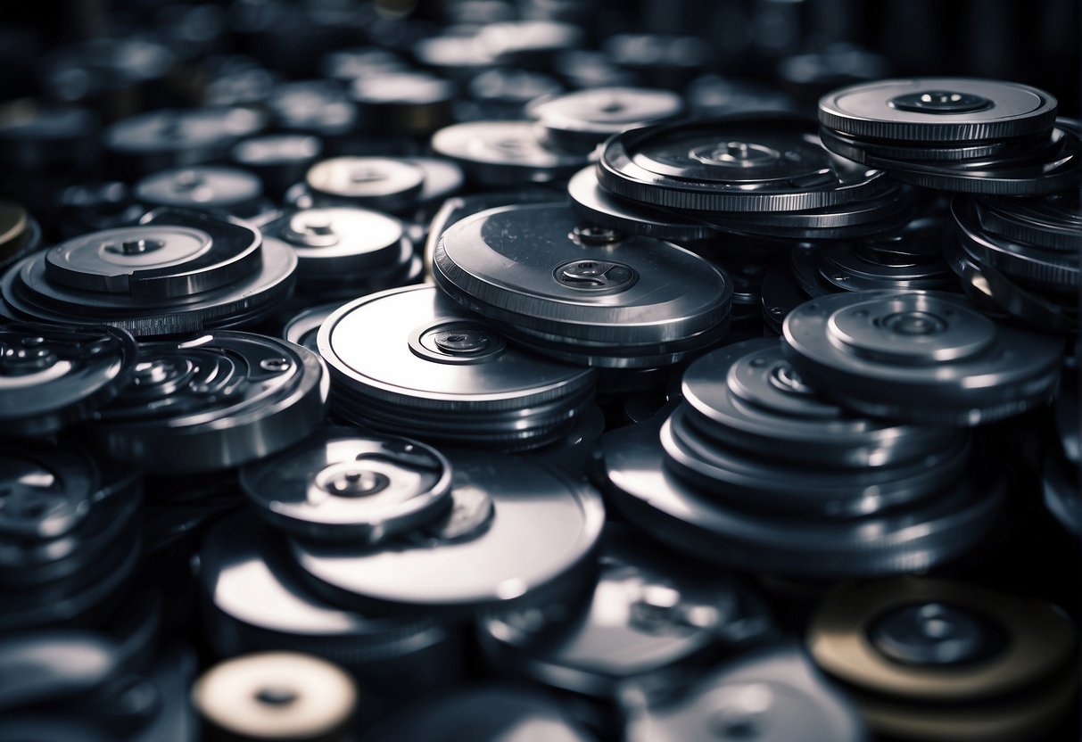 A pile of old hard drives being crushed by a large machine, symbolizing the challenges and importance of data erasure in the financial sector