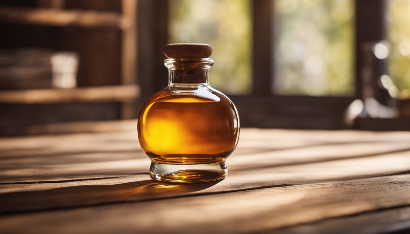 An amber Boston round glass bottle sits on a rustic wooden table. The warm sunlight casts a soft glow on the bottle, highlighting its rich color and smooth curves