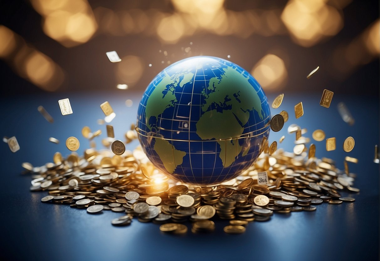 A globe surrounded by financial symbols, being wiped clean by a digital eraser, symbolizing the global impact and importance of data erasure in the financial sector