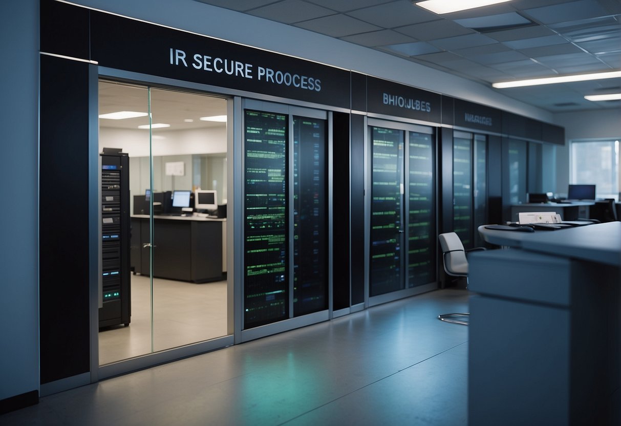 A secure data erasure process in a financial office. Computers and servers being wiped clean. Importance emphasized in text