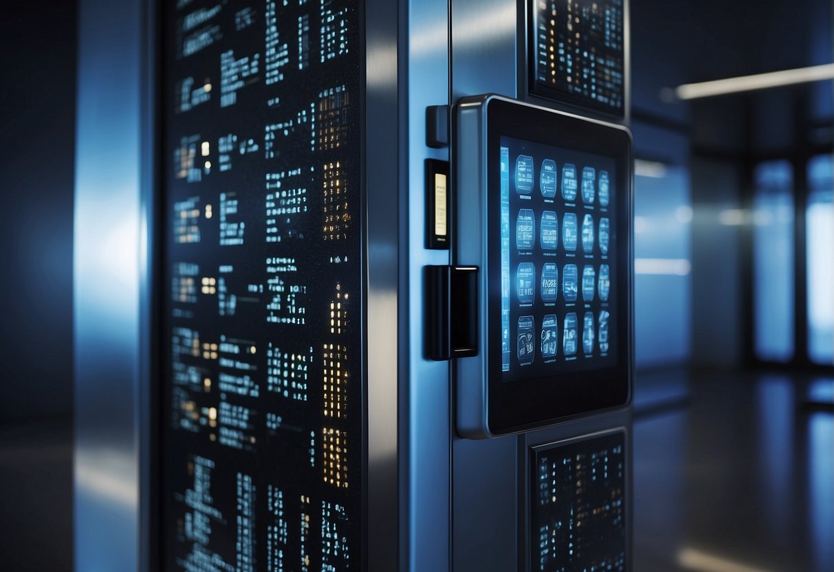 A secure vault door with a digital keypad and biometric scanner, surrounded by layers of encryption codes and data erasure algorithms