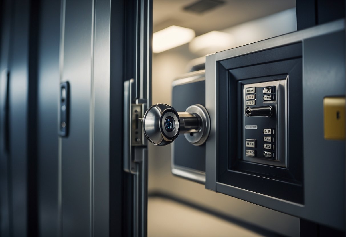 A secure vault door being locked with a key, surrounded by electronic data storage devices being wiped clean