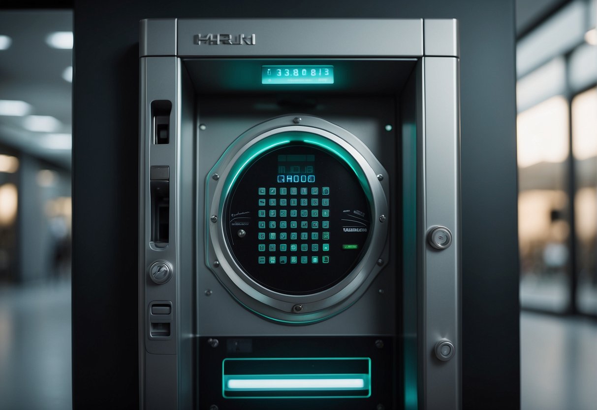 A secure vault door with a digital keypad and biometric scanner, surrounded by surveillance cameras and motion sensors