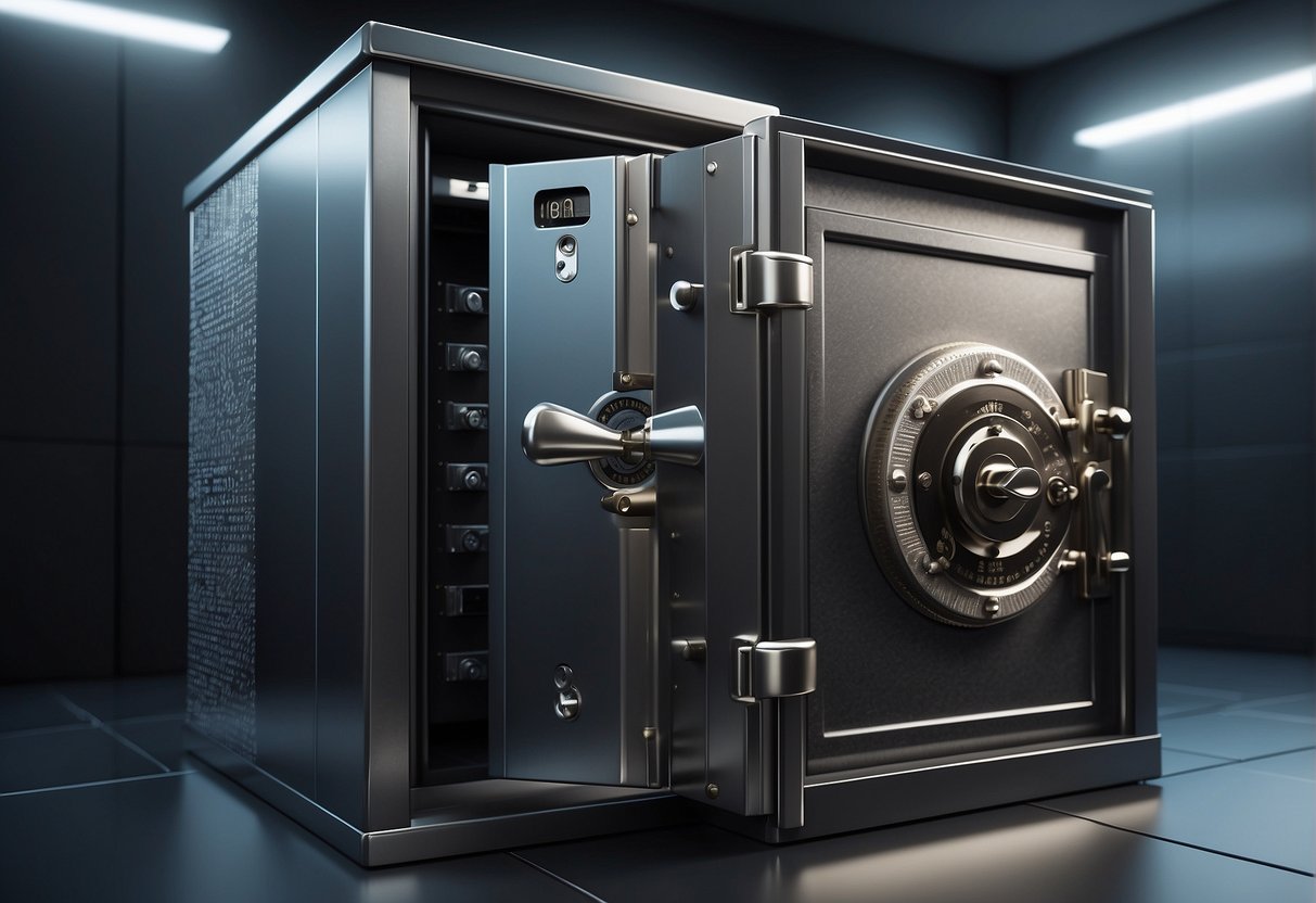 A secure vault with financial data, locked doors, and erasure tools. Banking security measures in place