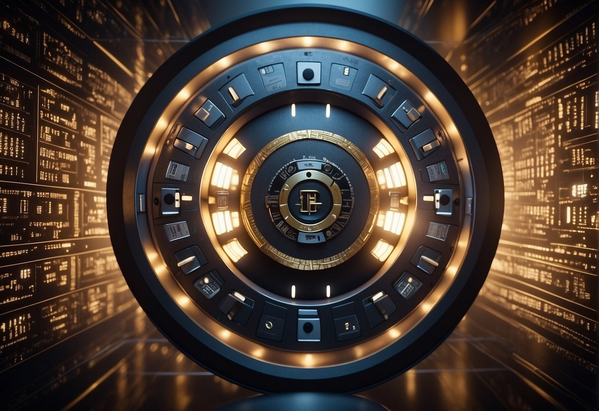 A secure vault door with a digital keypad, surrounded by layers of encryption codes and firewalls, protecting financial data