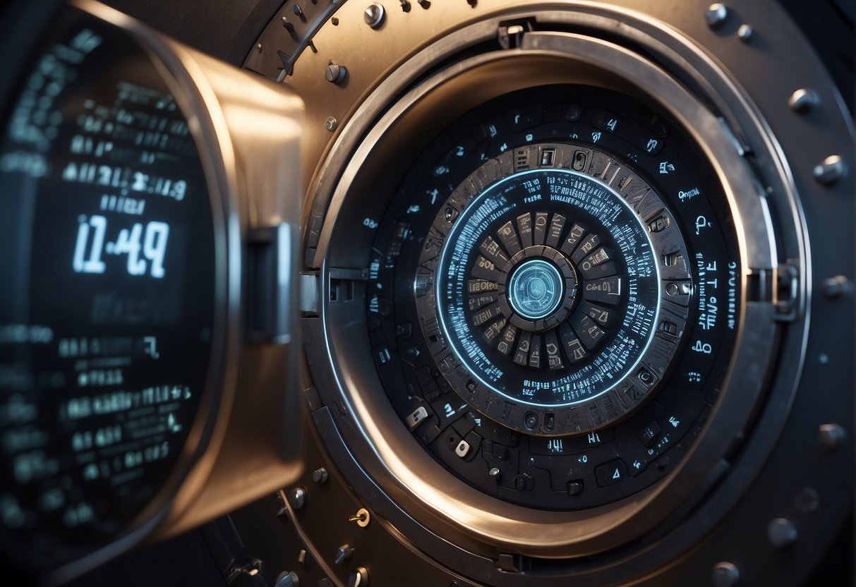 A secure vault door with a digital keypad, surrounded by layers of encryption symbols and data erasure algorithms