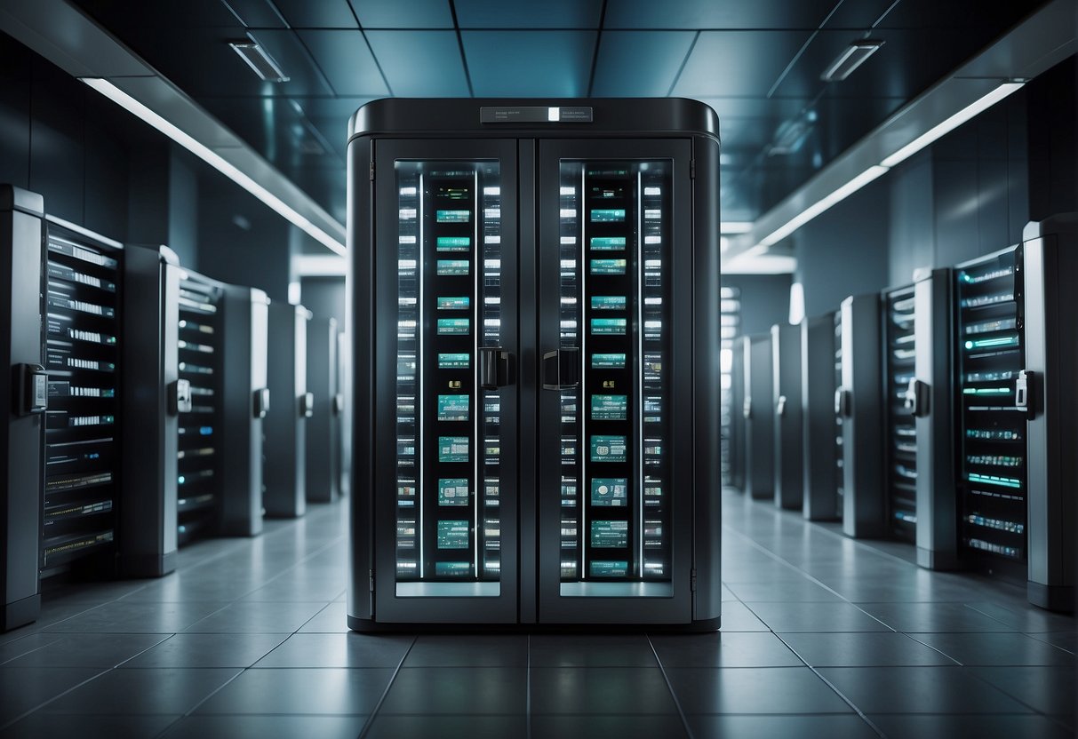 A secure vault with financial data, locked doors, and advanced data erasure technology, surrounded by high-tech banking security systems