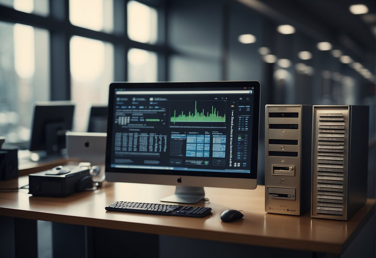An office desk with a computer, secure data erasure software, and a bank vault in the background