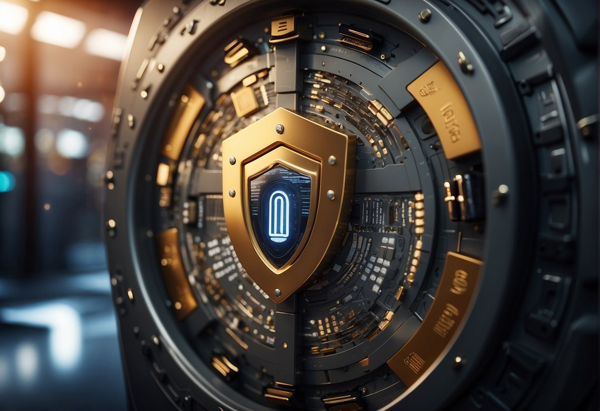 A secure vault with a digital lock, surrounded by a shield of data protection symbols and a bank logo