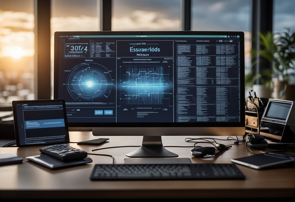 A computer screen displaying data erasure methods and tools, surrounded by guidelines and standards documents