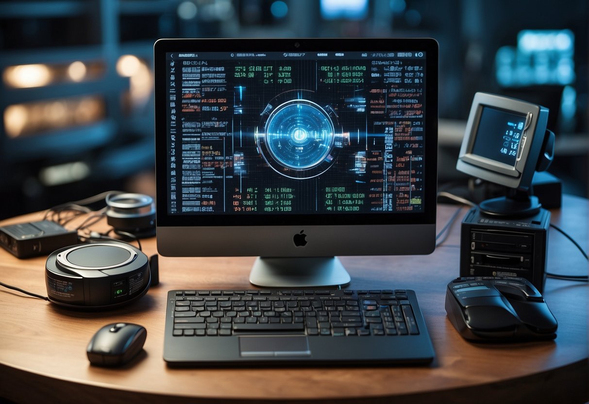 A computer screen displaying data erasure verification methods and tools, surrounded by various electronic devices and storage media