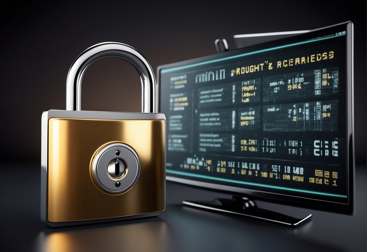 A computer monitor displaying data erasure methods and tools with a checklist and verification process. A secure lock icon symbolizes the process