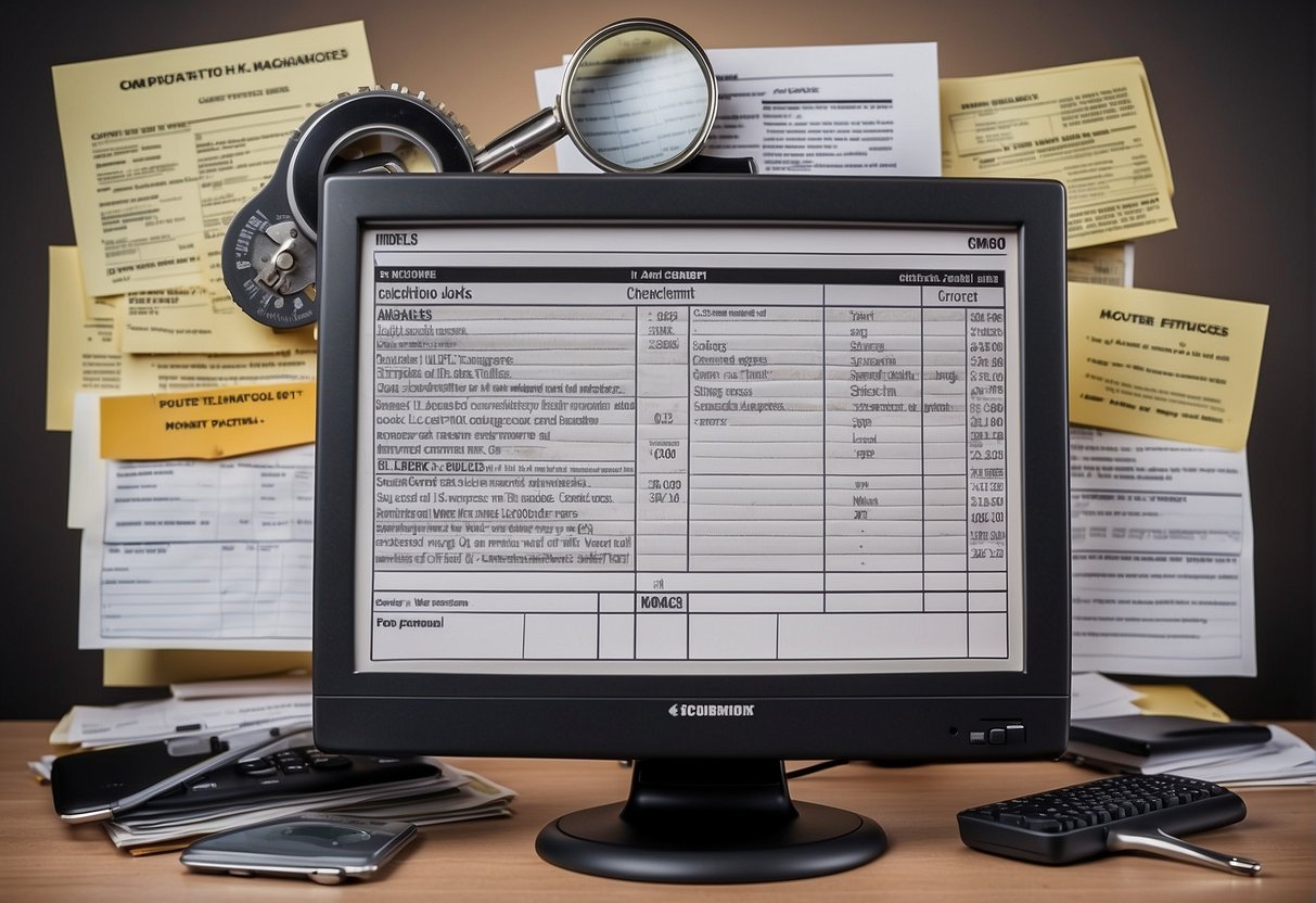 A computer monitor displaying a checklist of data erasure methods and tools, surrounded by a magnifying glass, a secure lock, and a shredder