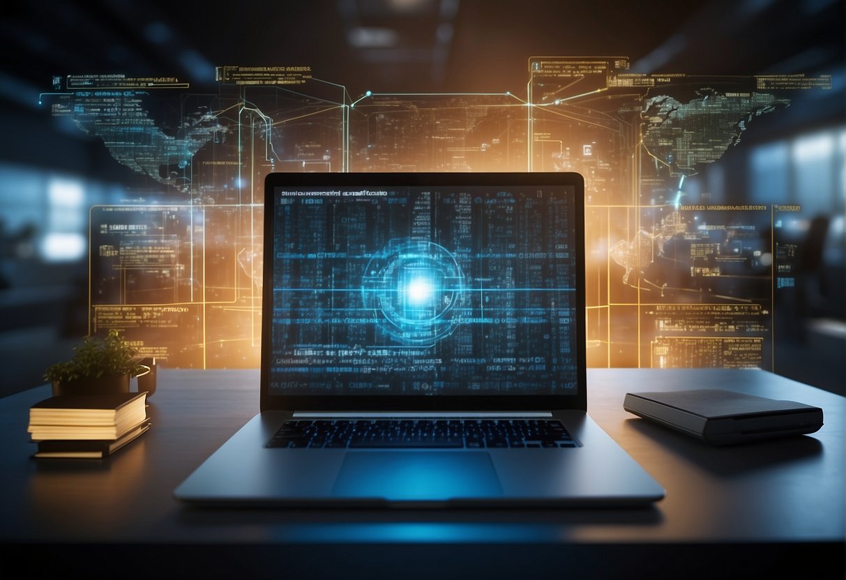 A computer screen displaying a secure data erasure process with a digital transformation in progress, surrounded by legal and ethical guidelines