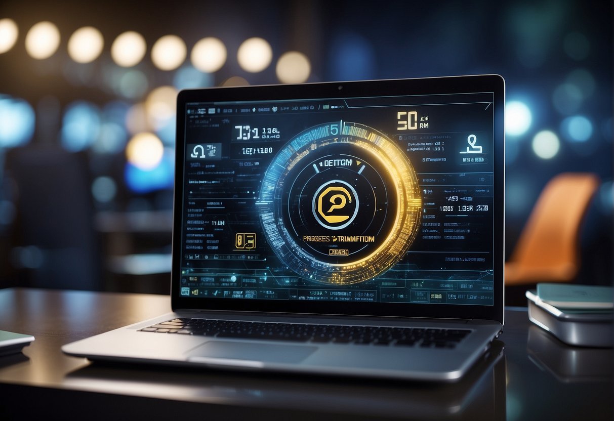 A computer screen displaying a progress bar for data erasure, surrounded by digital security icons symbolizing digital transformation