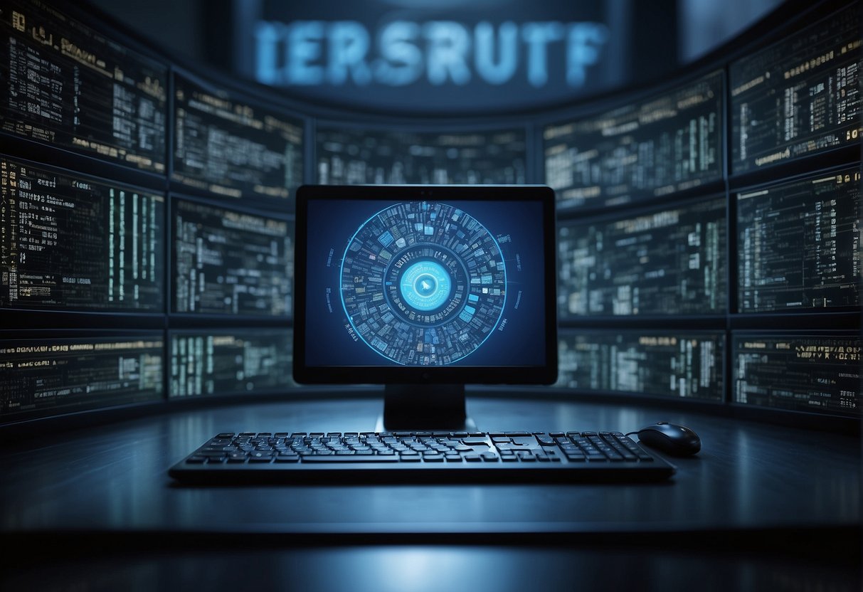 A computer screen displaying data erasure software, surrounded by digital security icons and keywords related to digital transformation