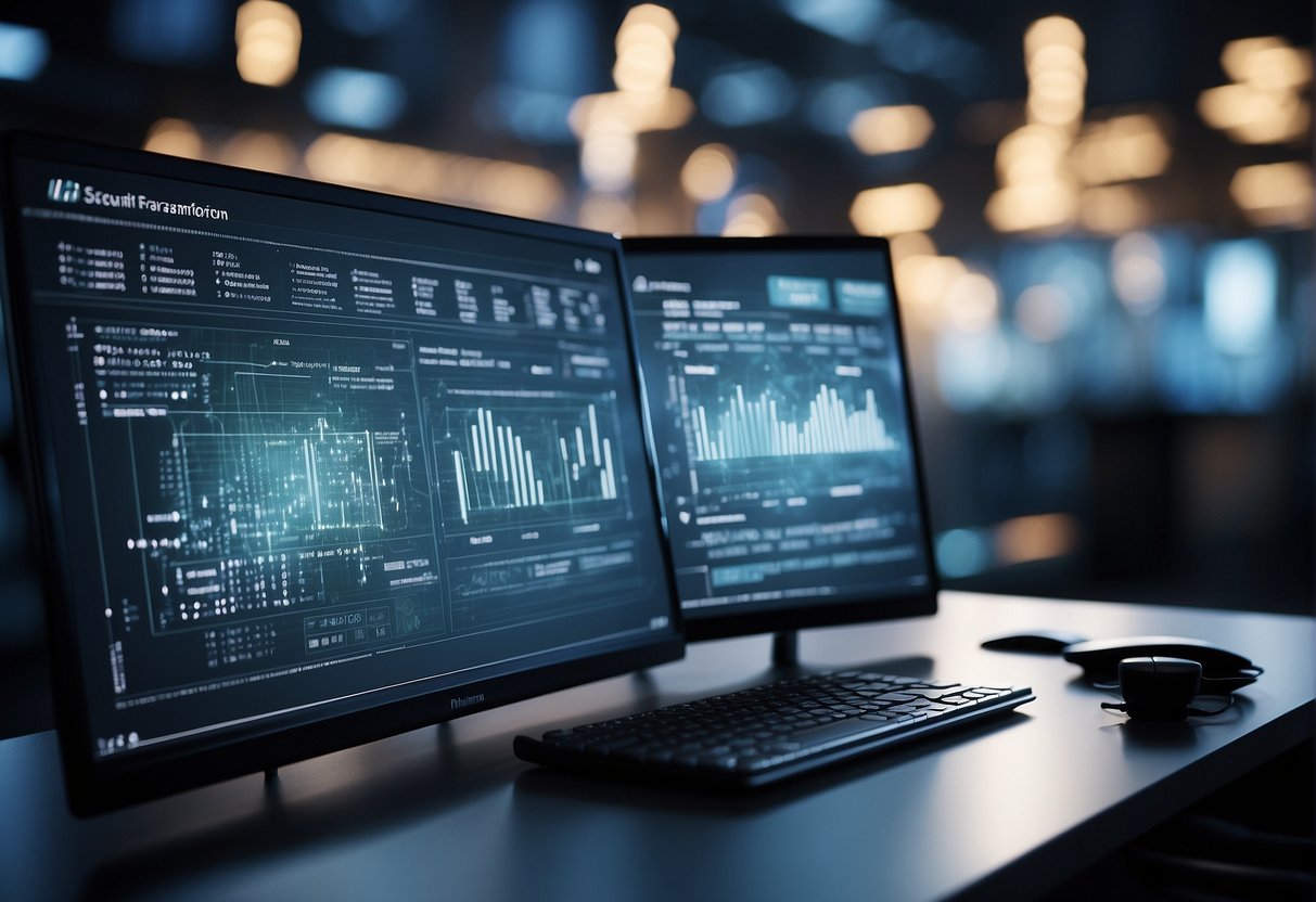 A computer screen displaying a digital transformation process with data erasure and digital security keywords highlighted