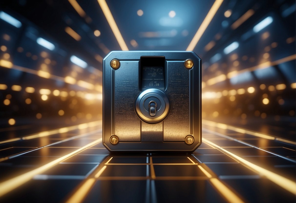 A digital lock securing a vault of data, surrounded by glowing shields and barriers