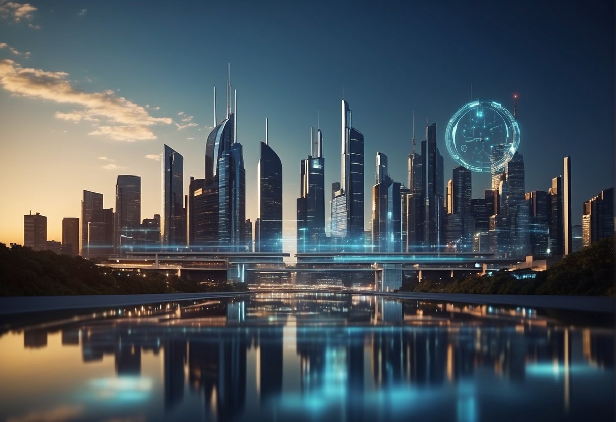 A futuristic city skyline with data erasure and digital security symbols integrated into the architecture, showcasing the concept of digital transformation